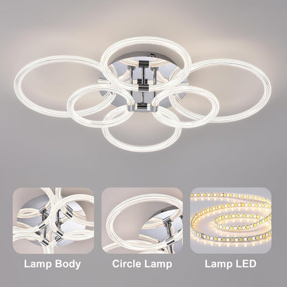 Modern LED Ceiling Light, Flush Mount Ceiling Light with Dimmable Remote Control, 6Rings Acrylic Ceiling Light Fixture for Bedroom, Living Room, Kitchen, Office Lamps (6 Heads)