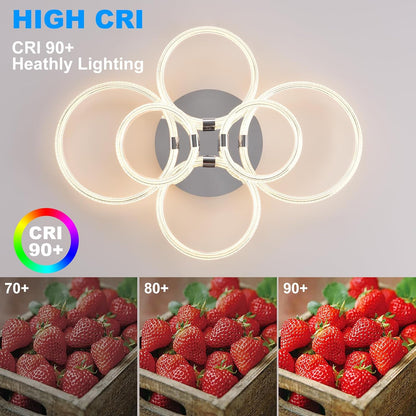 Modern LED Ceiling Light, Flush Mount Ceiling Light with Dimmable Remote Control, 6Rings Acrylic Ceiling Light Fixture for Bedroom, Living Room, Kitchen, Office Lamps (6 Heads)