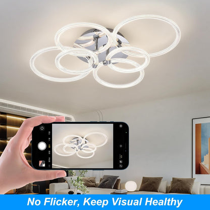Modern LED Ceiling Light, Flush Mount Ceiling Light with Dimmable Remote Control, 6Rings Acrylic Ceiling Light Fixture for Bedroom, Living Room, Kitchen, Office Lamps (6 Heads)