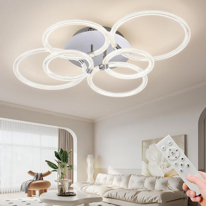 Modern LED Ceiling Light, Flush Mount Ceiling Light with Dimmable Remote Control, 6Rings Acrylic Ceiling Light Fixture for Bedroom, Living Room, Kitchen, Office Lamps (6 Heads)