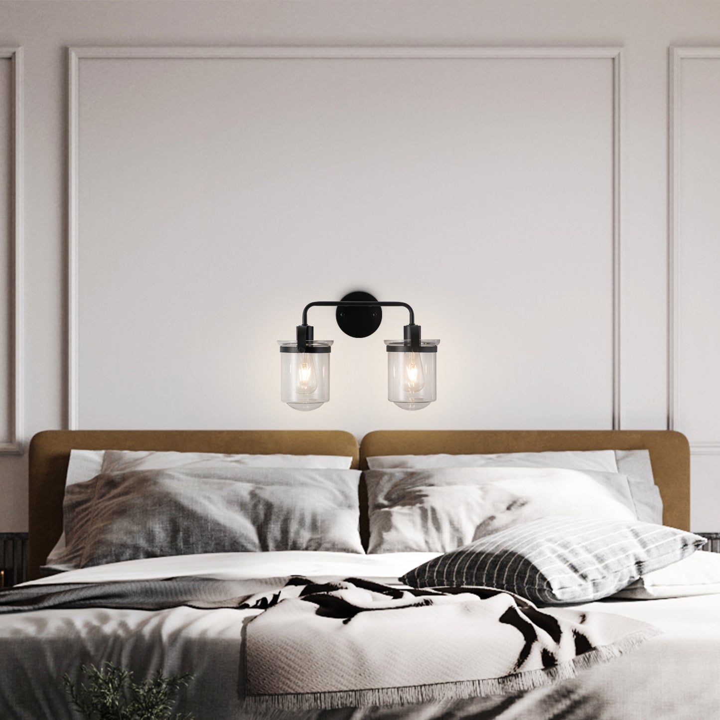 2-Light with Clear Glass Shade, Modern Sconce, Industrial Indoor Light Fixture for Bathroom Living Room Bedroom Over Kitchen Sink, E26 Socket, [No Bulb]