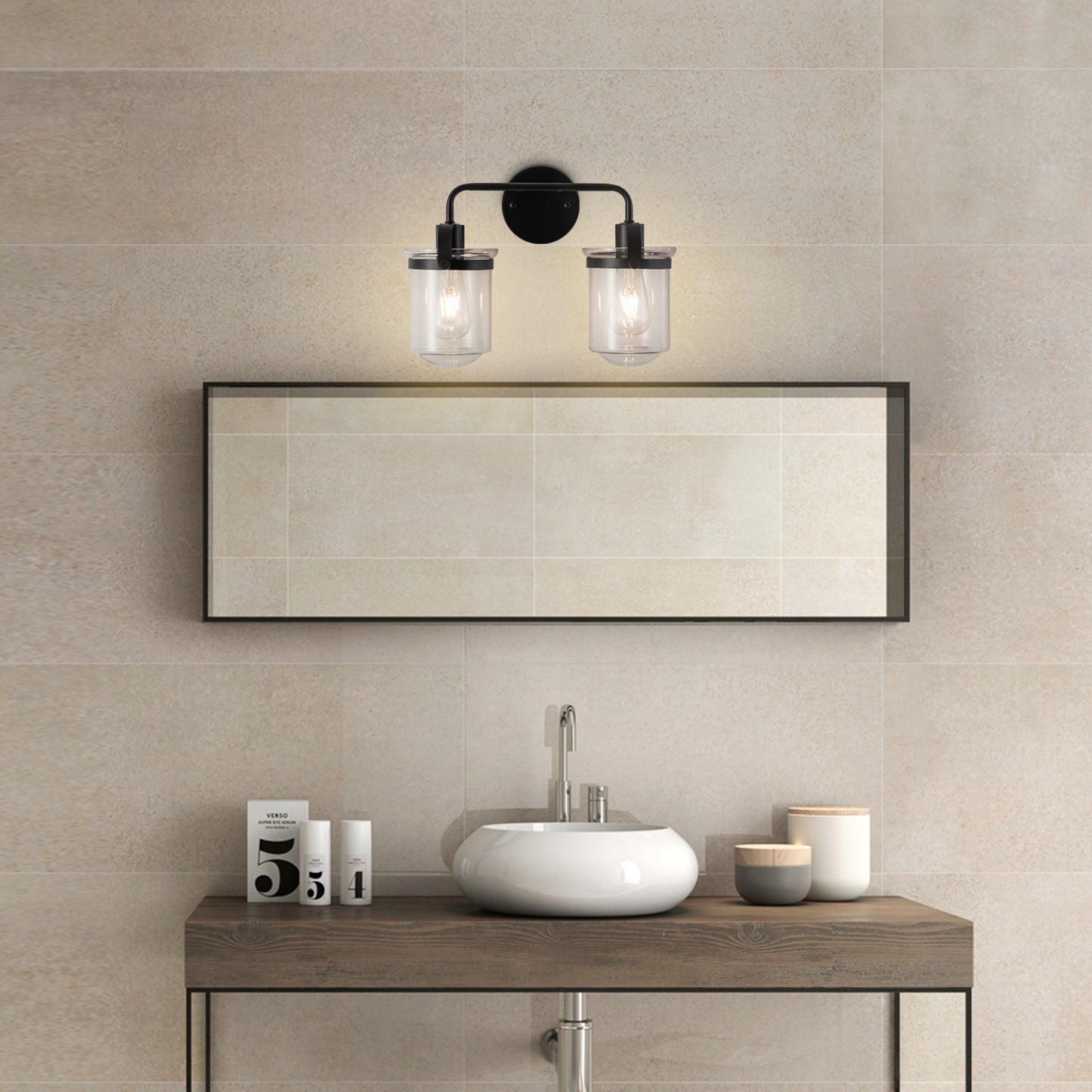 2-Light with Clear Glass Shade, Modern Sconce, Industrial Indoor Light Fixture for Bathroom Living Room Bedroom Over Kitchen Sink, E26 Socket, [No Bulb]