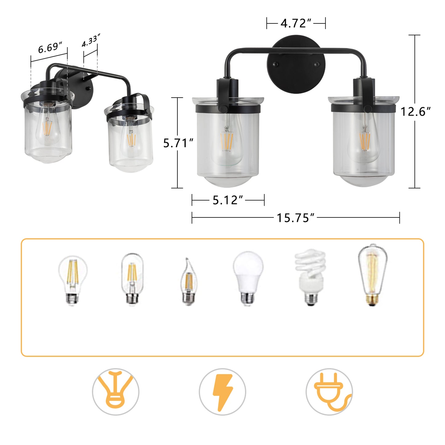 2-Light with Clear Glass Shade, Modern Sconce, Industrial Indoor Light Fixture for Bathroom Living Room Bedroom Over Kitchen Sink, E26 Socket, [No Bulb]