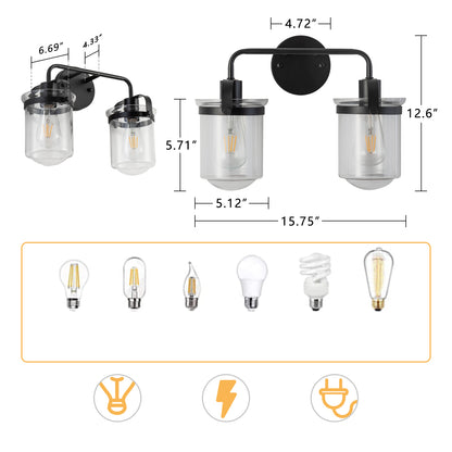 2-Light with Clear Glass Shade, Modern Sconce, Industrial Indoor Light Fixture for Bathroom Living Room Bedroom Over Kitchen Sink, E26 Socket, [No Bulb]