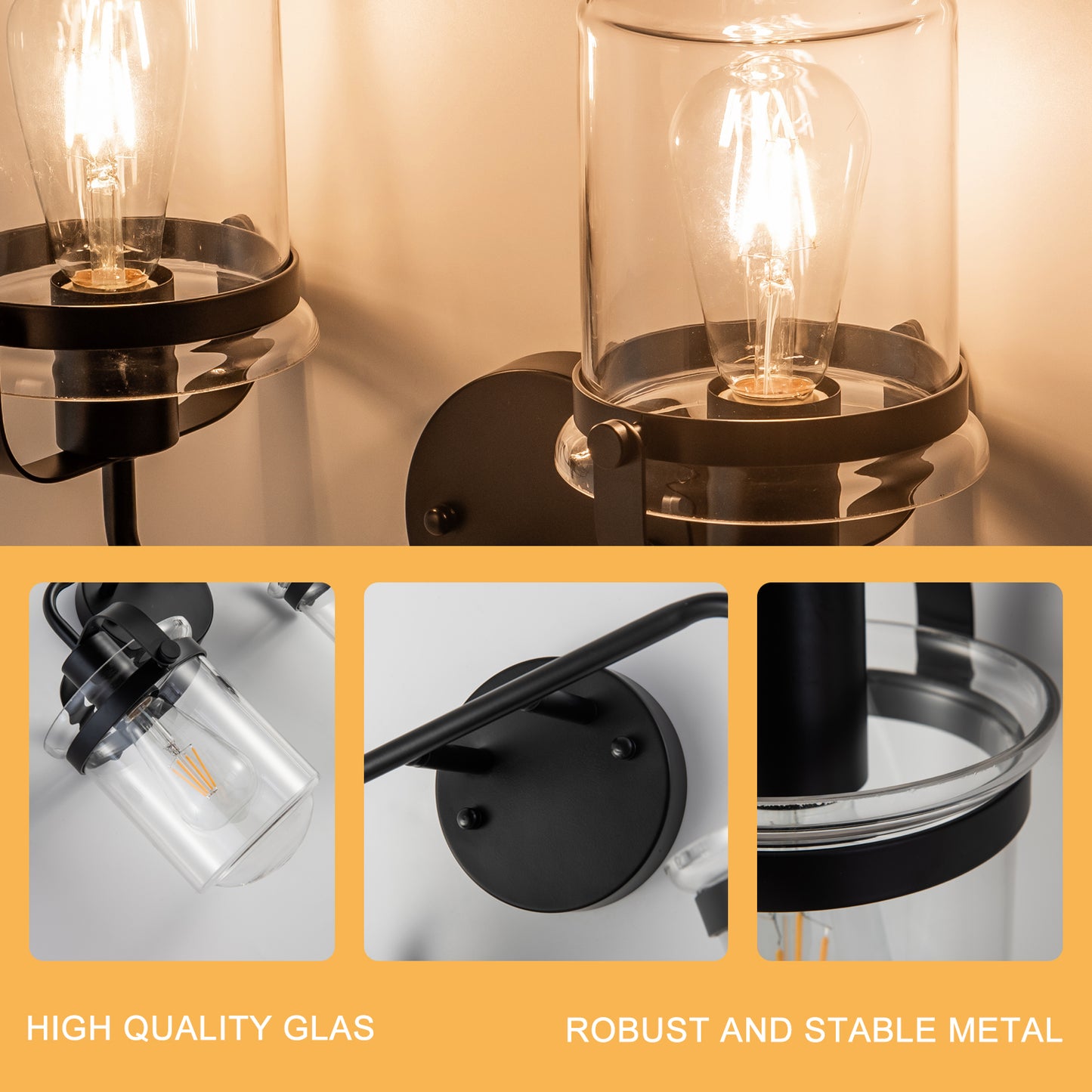 2-Light with Clear Glass Shade, Modern Sconce, Industrial Indoor Light Fixture for Bathroom Living Room Bedroom Over Kitchen Sink, E26 Socket, [No Bulb]