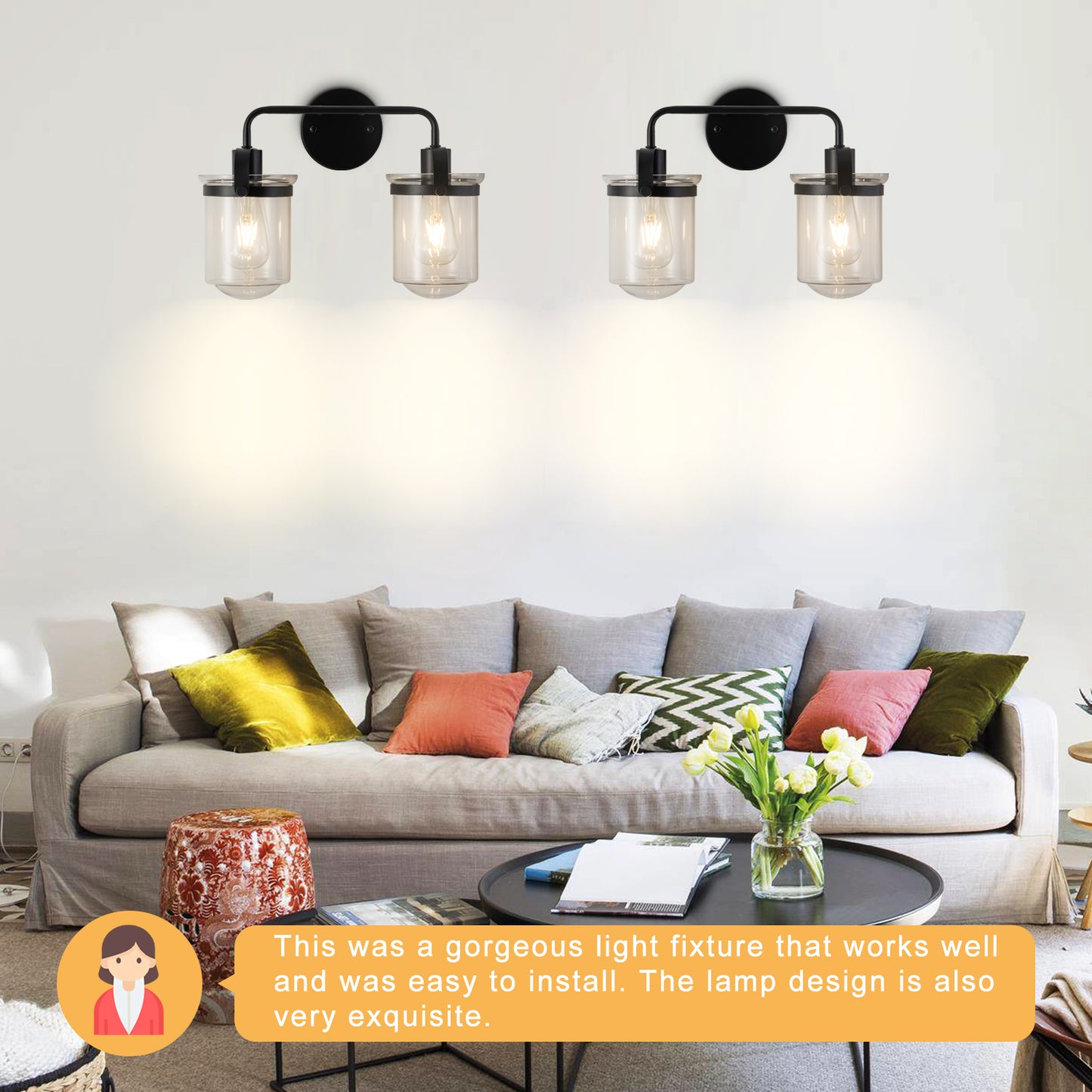 2-Light with Clear Glass Shade, Modern Sconce, Industrial Indoor Light Fixture for Bathroom Living Room Bedroom Over Kitchen Sink, E26 Socket, [No Bulb]
