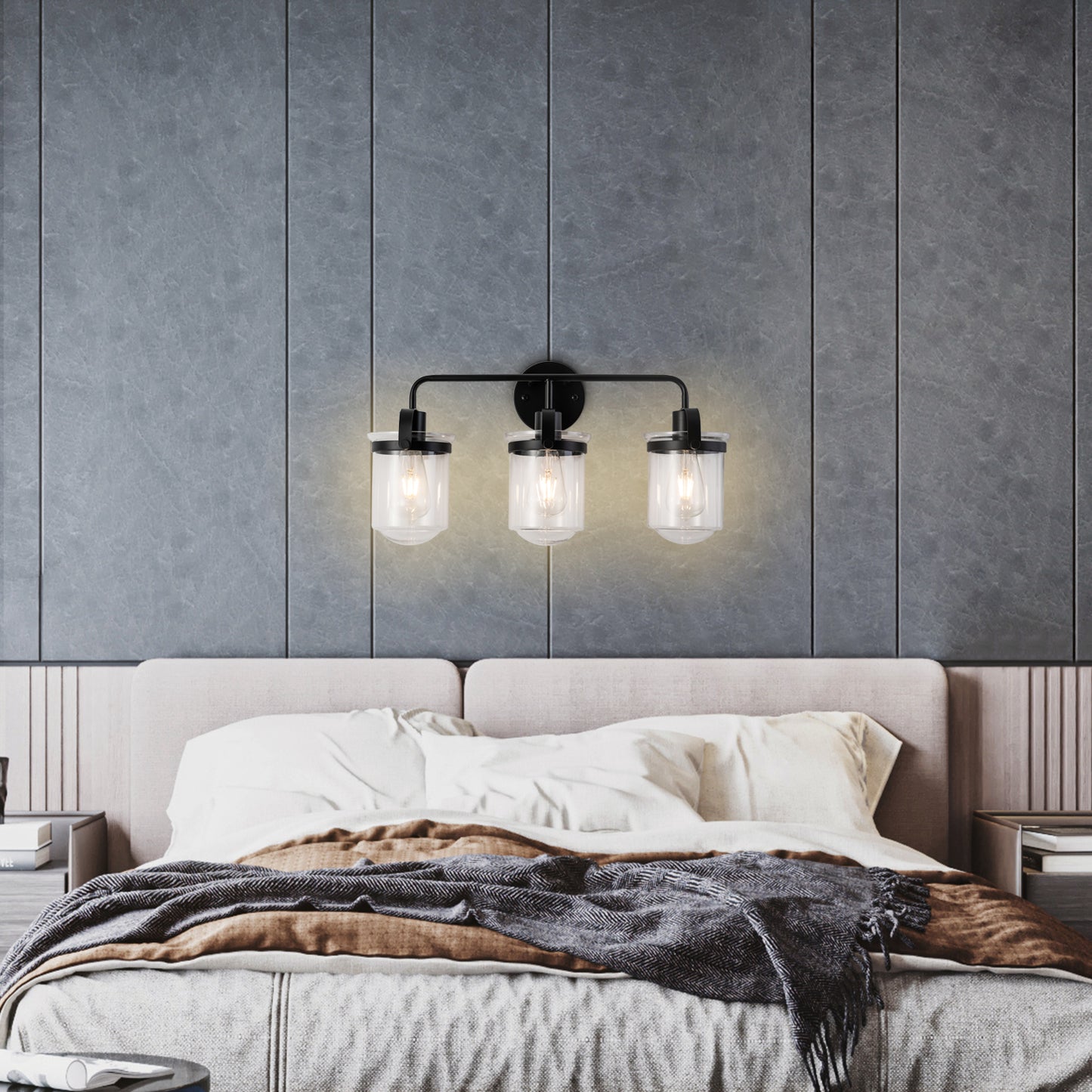 3-Light with Clear Glass Shade, Modern Sconce, Industrial Indoor Light Fixture for Bathroom Living Room Bedroom Over Kitchen Sink, E26 Socket, [No Bulb]