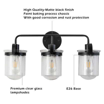 3-Light with Clear Glass Shade, Modern Sconce, Industrial Indoor Light Fixture for Bathroom Living Room Bedroom Over Kitchen Sink, E26 Socket, [No Bulb]