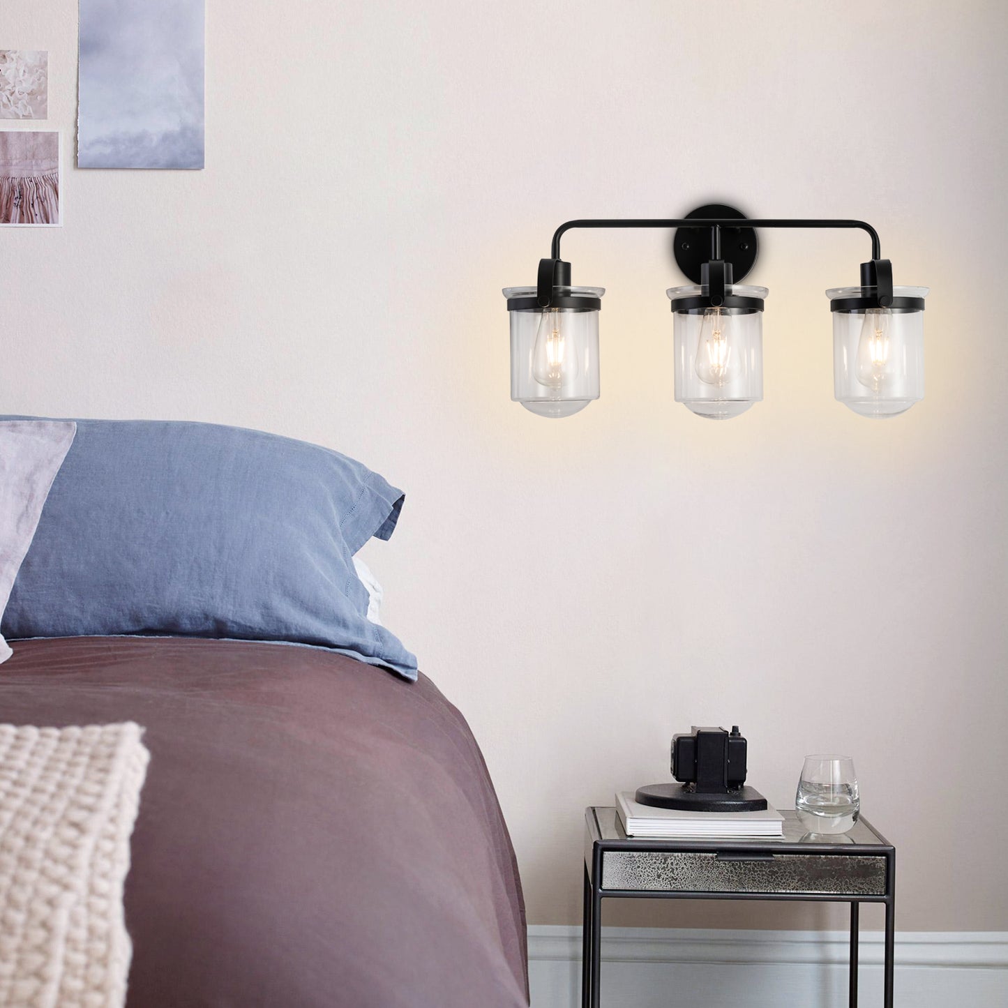 3-Light with Clear Glass Shade, Modern Sconce, Industrial Indoor Light Fixture for Bathroom Living Room Bedroom Over Kitchen Sink, E26 Socket, [No Bulb]