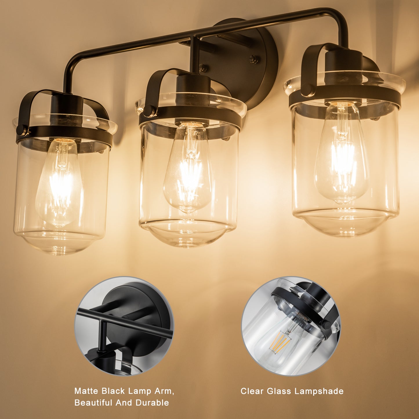 3-Light with Clear Glass Shade, Modern Sconce, Industrial Indoor Light Fixture for Bathroom Living Room Bedroom Over Kitchen Sink, E26 Socket, [No Bulb]