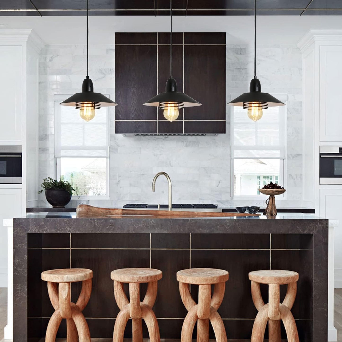 Farmhouse Vintage Pendant Light Black Fixture Pendant Lights with Spring Frame Adjustable Metal Hanging Lamp for Kitchen Island Dining Room Bedroom Living Room Barn Entryy, E26