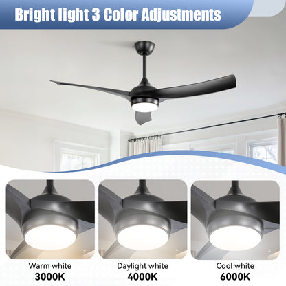 52 Inch Modern Black Ceiling Fan with 18W LED Light and Remote Control 3 ABS Blades DC Motor for Bedroom Living Roon