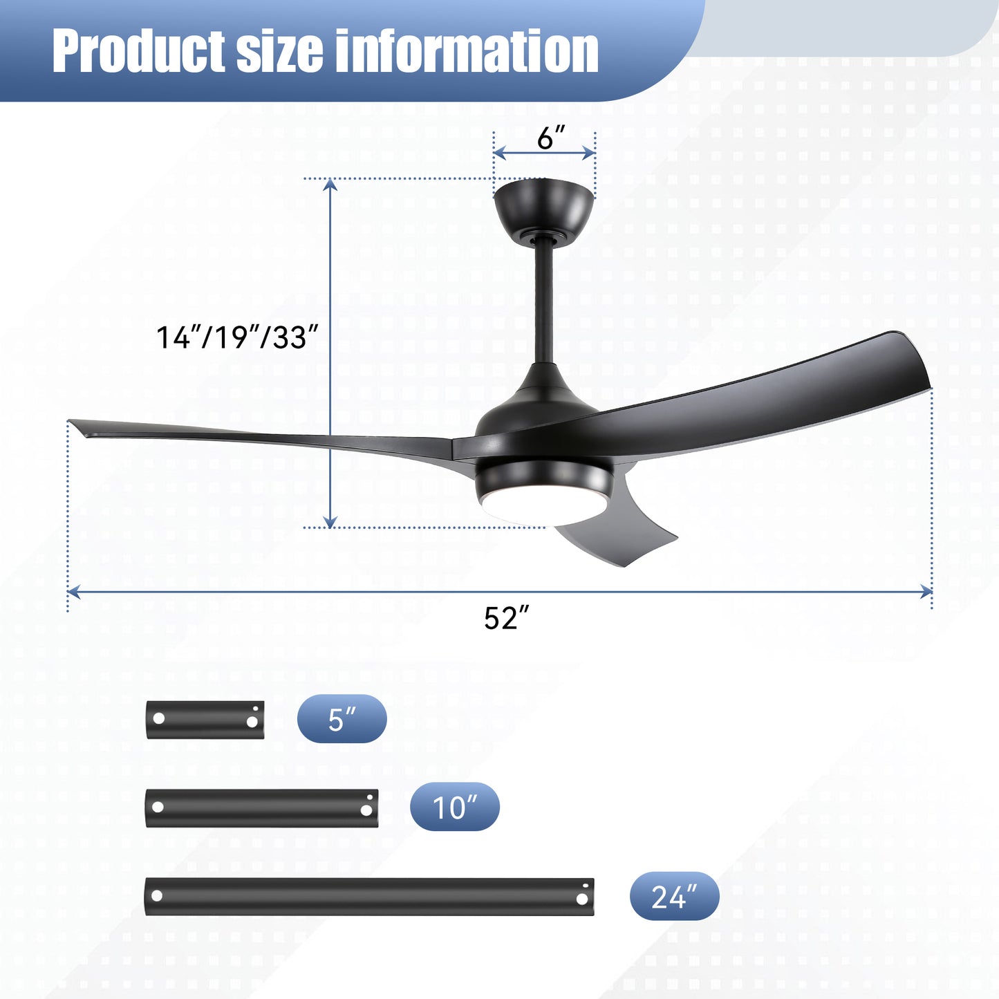 52 Inch Modern Black Ceiling Fan with 18W LED Light and Remote Control 3 ABS Blades DC Motor for Bedroom Living Roon