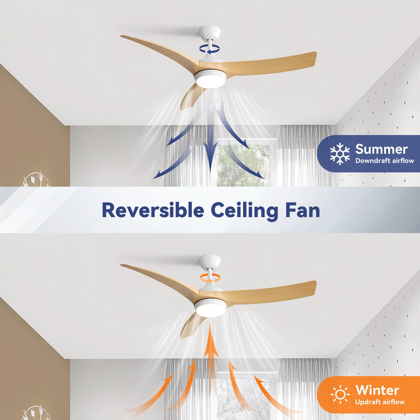 52 Inch Modern Ceiling Fan with 18W LED Light and Remote Control 3 ABS Blades DC Motor for Bedroom