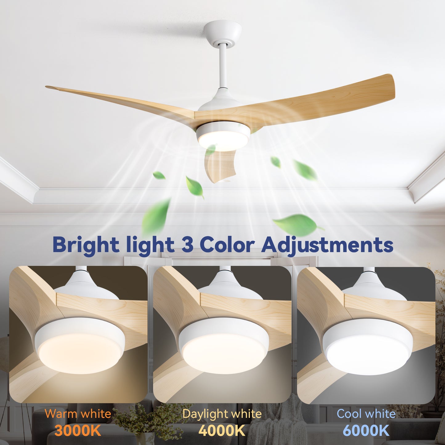 52 Inch Modern Ceiling Fan with 18W LED Light and Remote Control 3 ABS Blades DC Motor for Bedroom
