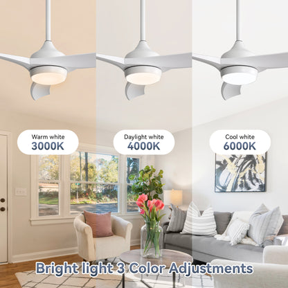 52 Inch Modern White Ceiling Fan with 18W LED Light and Remote Control 3 ABS Blades Noiseless Reversible DC Motor