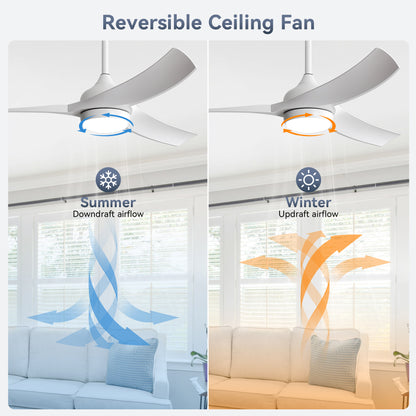52 Inch Modern White Ceiling Fan with 18W LED Light and Remote Control 3 ABS Blades Noiseless Reversible DC Motor