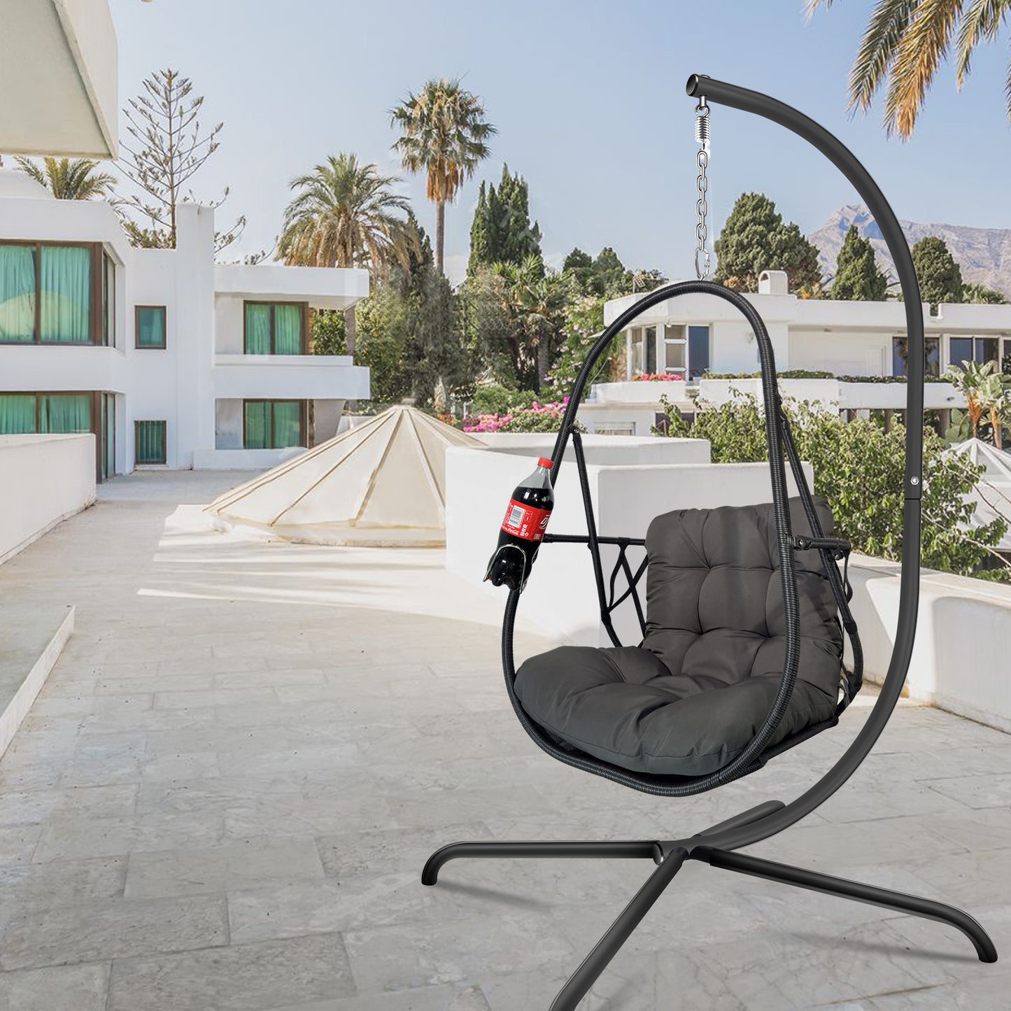 Swing Egg Chair with Stand Indoor Outdoor Wicker Rattan Patio Basket Hanging Chair with C Type bracket , with cushion and pillow,Patio Wicker folding Hanging Chair( Special construction cup holder