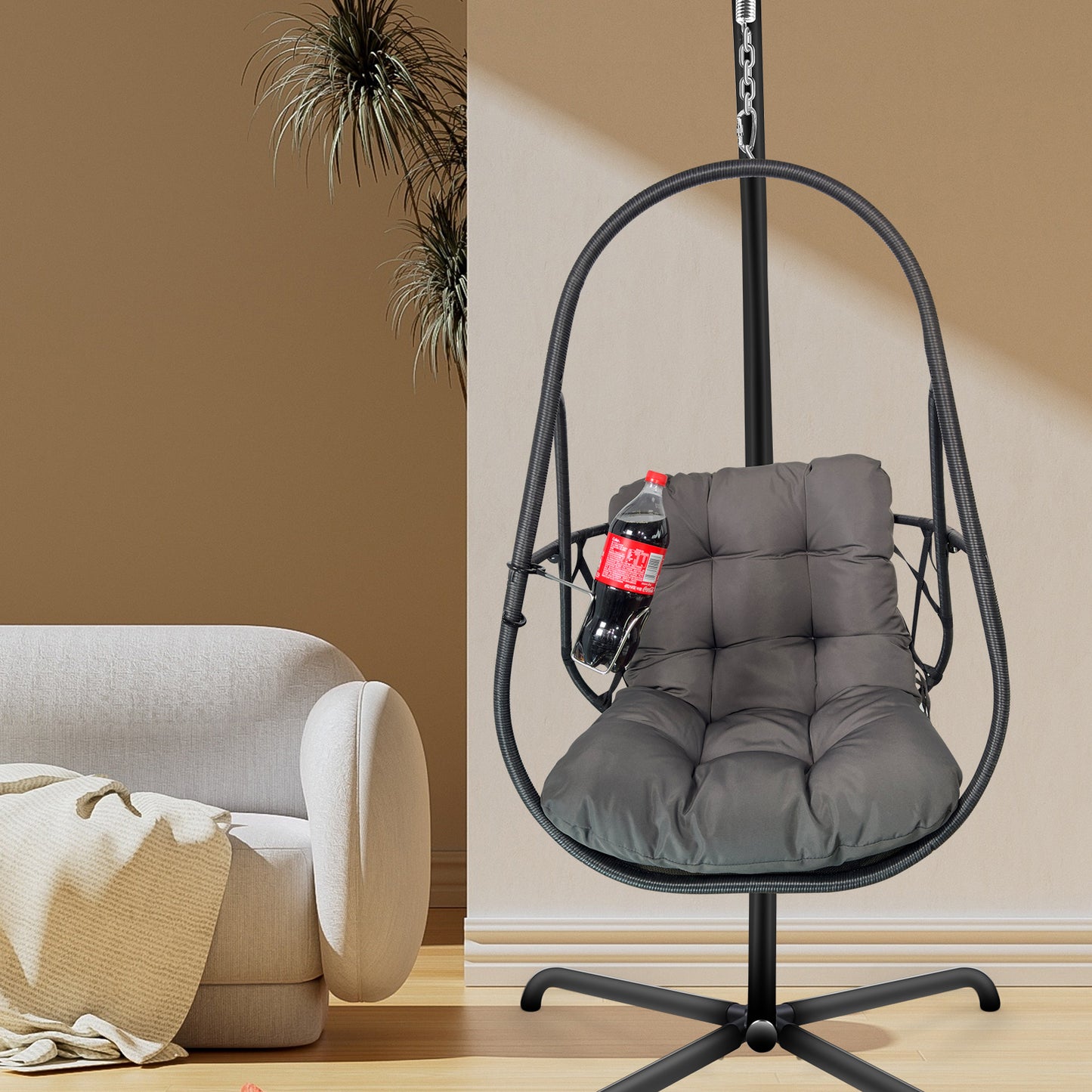 Swing Egg Chair with Stand Indoor Outdoor Wicker Rattan Patio Basket Hanging Chair with C Type bracket , with cushion and pillow,Patio Wicker folding Hanging Chair( Special construction cup holder