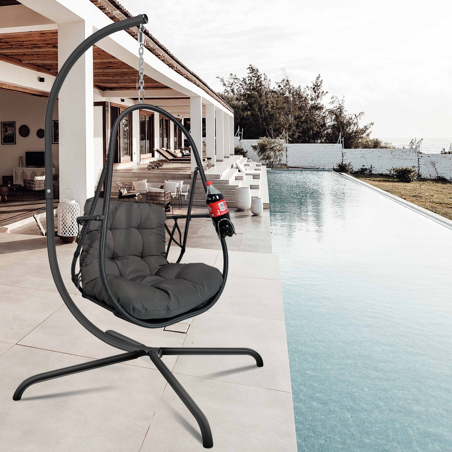 Swing Egg Chair with Stand Indoor Outdoor Wicker Rattan Patio Basket Hanging Chair with C Type bracket , with cushion and pillow,Patio Wicker folding Hanging Chair( Special construction cup holder