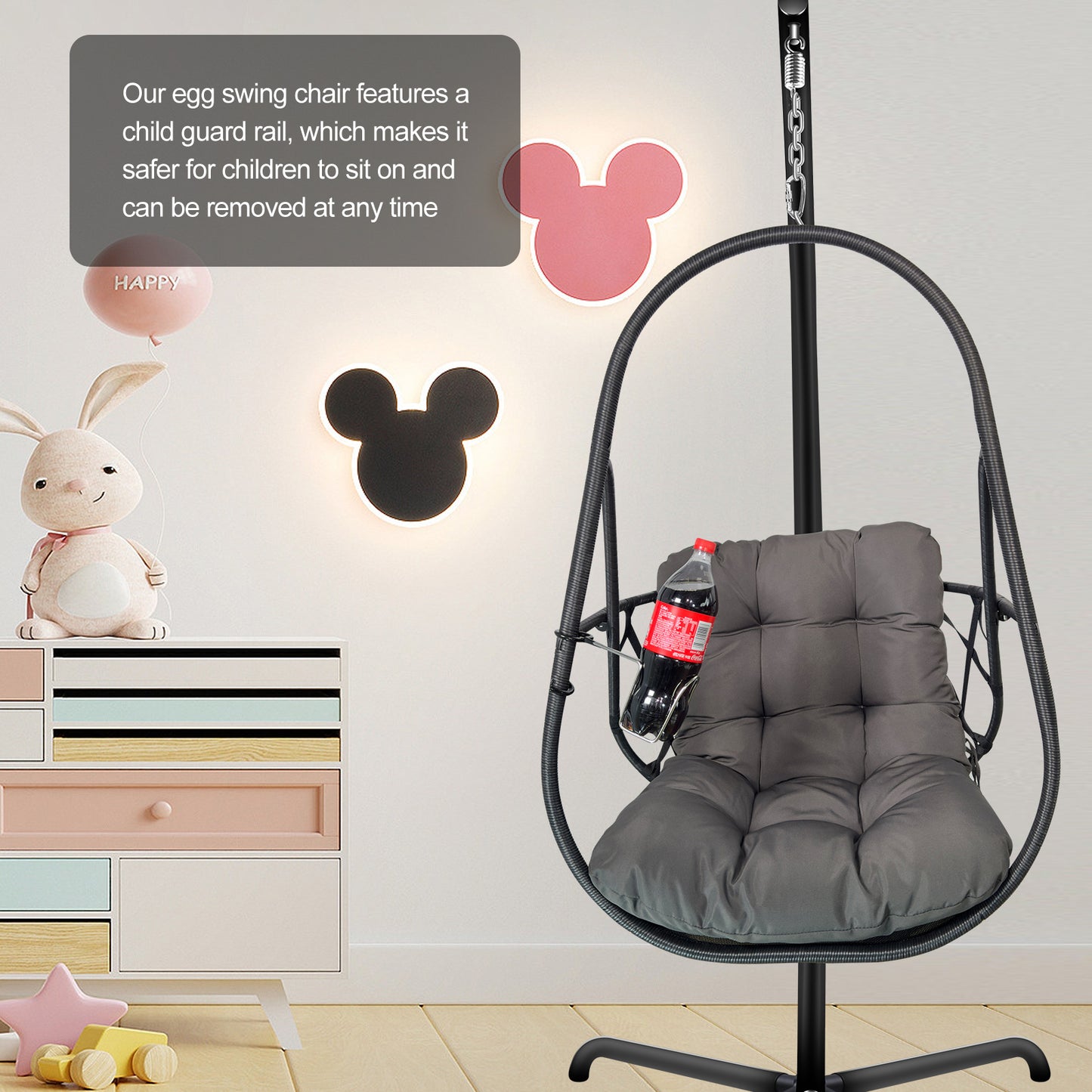 Swing Egg Chair with Stand Indoor Outdoor Wicker Rattan Patio Basket Hanging Chair with C Type bracket , with cushion and pillow,Patio Wicker folding Hanging Chair( Special construction cup holder