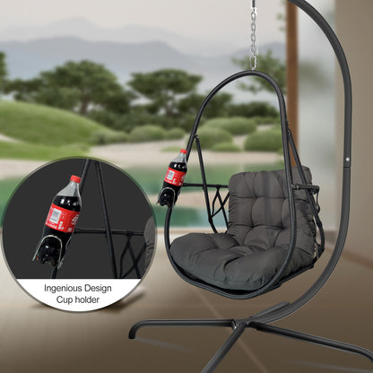 Swing Egg Chair with Stand Indoor Outdoor Wicker Rattan Patio Basket Hanging Chair with C Type bracket , with cushion and pillow,Patio Wicker folding Hanging Chair( Special construction cup holder