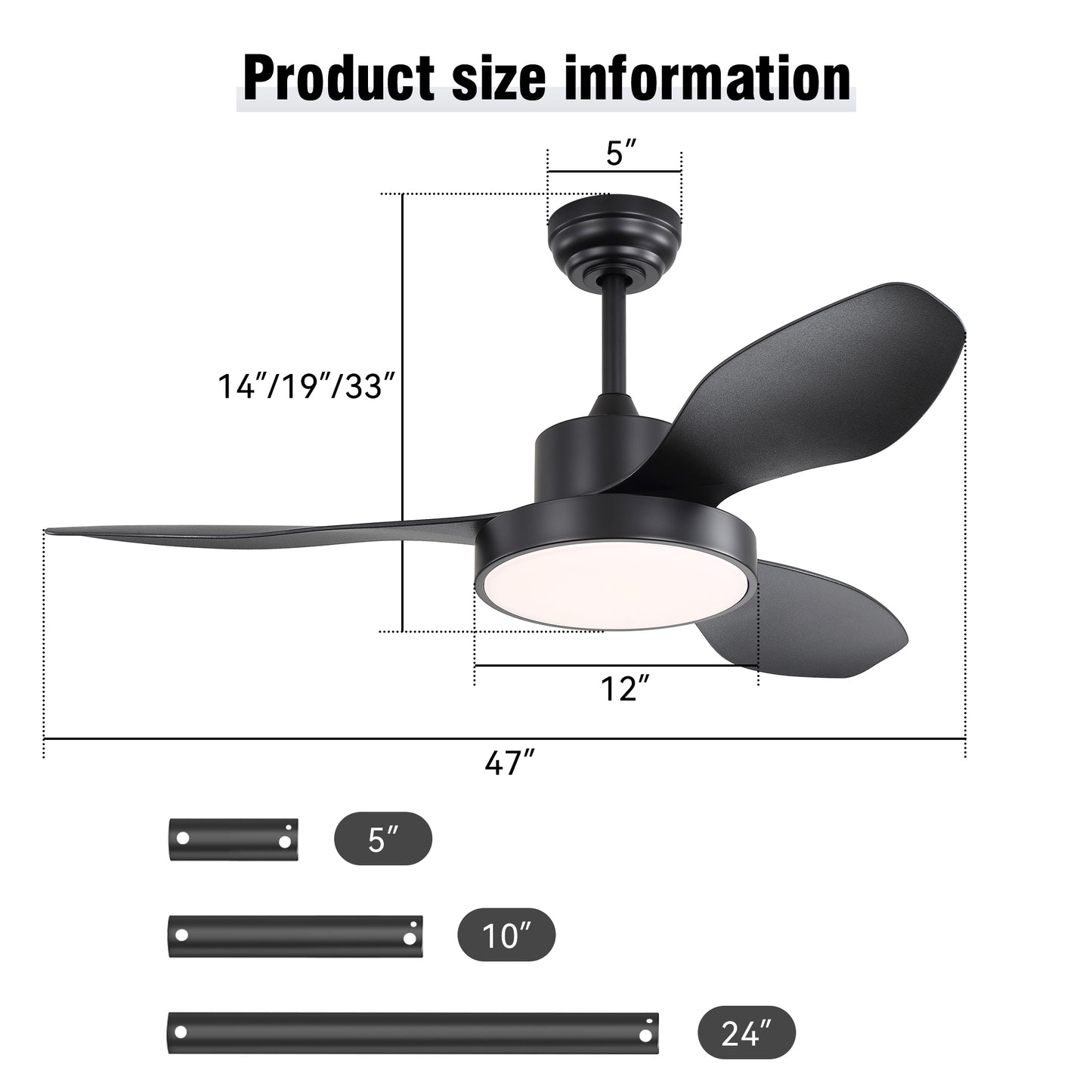 47 Inch Ceiling Fan with 22W LED Light and Remote Control 6 Speeds Reversible DC Motor for Bedroom Black