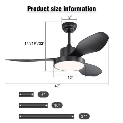 47 Inch Ceiling Fan with 22W LED Light and Remote Control 6 Speeds Reversible DC Motor for Bedroom Black
