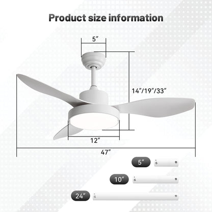 47 Inch Ceiling Fan with 22W LED Light and Remote Control 6 Speeds Reversible DC Motor White for Living Room Bedroom