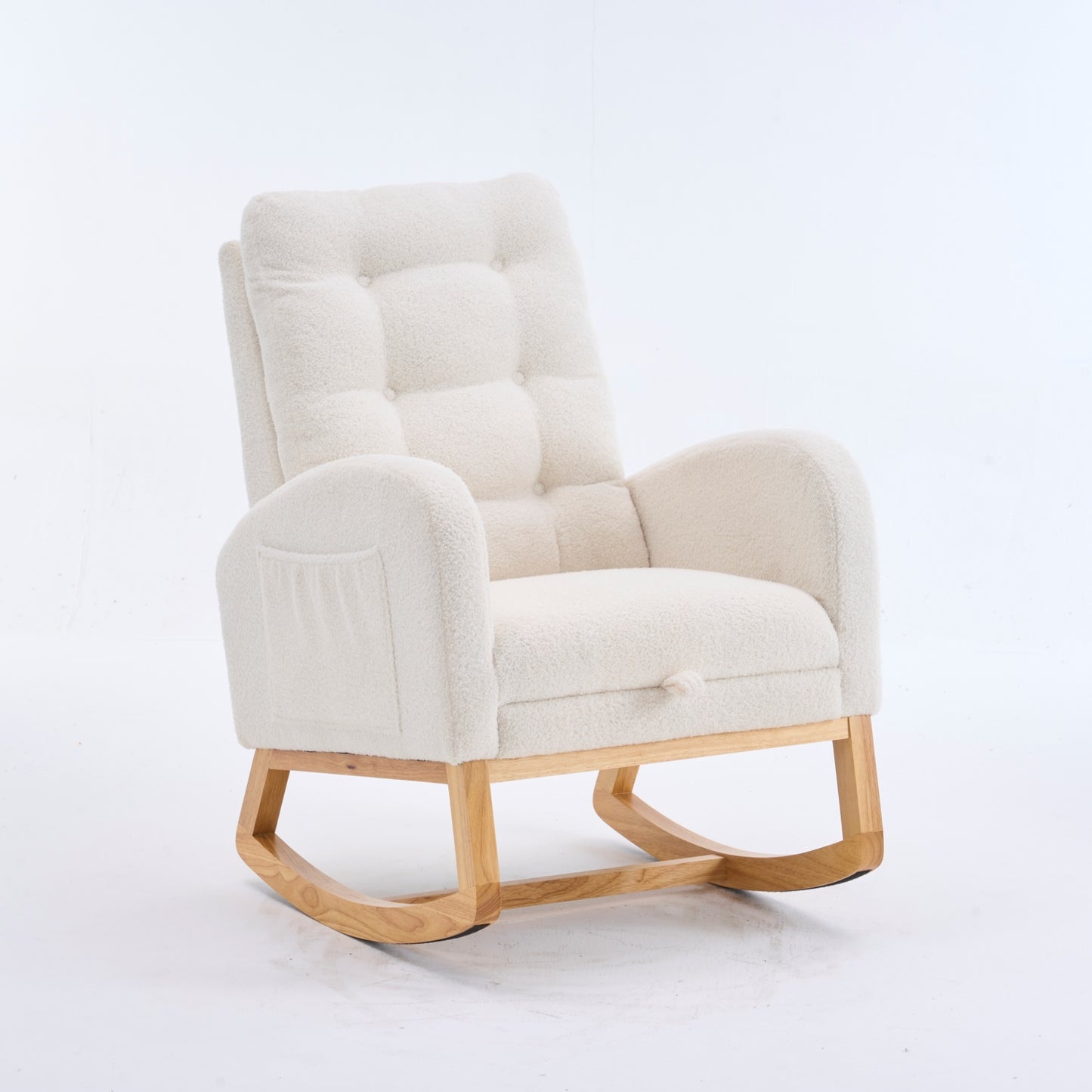 LY-5104 Plush Accent Rocking Chair with Footrest, Cream White High-Back Rocker, Rubber Wood Lounge Chair for Nursery & Living Room, 38.36"W x 26.77"D x 39.76"H