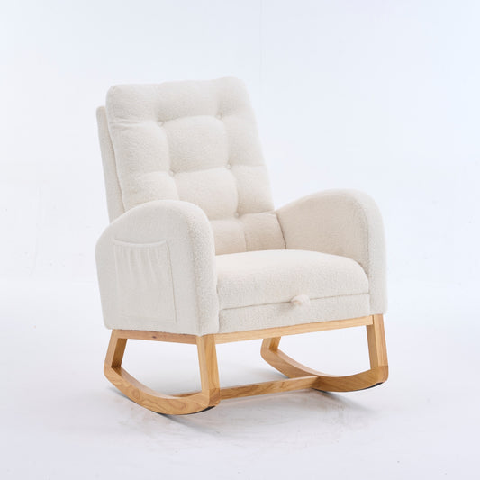 LY-5104 Plush Accent Rocking Chair with Footrest, Cream White High-Back Rocker, Rubber Wood Lounge Chair for Nursery & Living Room, 38.36"W x 26.77"D x 39.76"H
