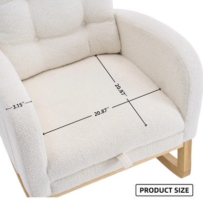 LY-5104 Plush Accent Rocking Chair with Footrest, Cream White High-Back Rocker, Rubber Wood Lounge Chair for Nursery & Living Room, 38.36"W x 26.77"D x 39.76"H