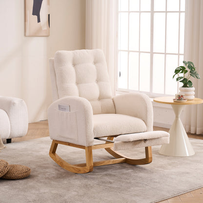 LY-5104 Plush Accent Rocking Chair with Footrest, Cream White High-Back Rocker, Rubber Wood Lounge Chair for Nursery & Living Room, 38.36"W x 26.77"D x 39.76"H