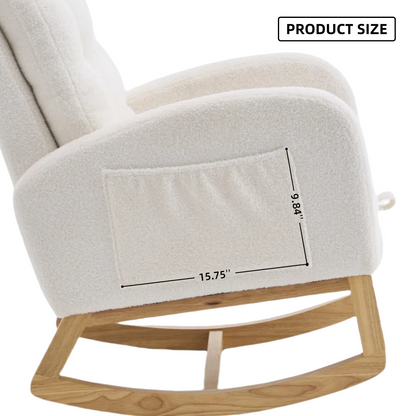LY-5104 Plush Accent Rocking Chair with Footrest, Cream White High-Back Rocker, Rubber Wood Lounge Chair for Nursery & Living Room, 38.36"W x 26.77"D x 39.76"H
