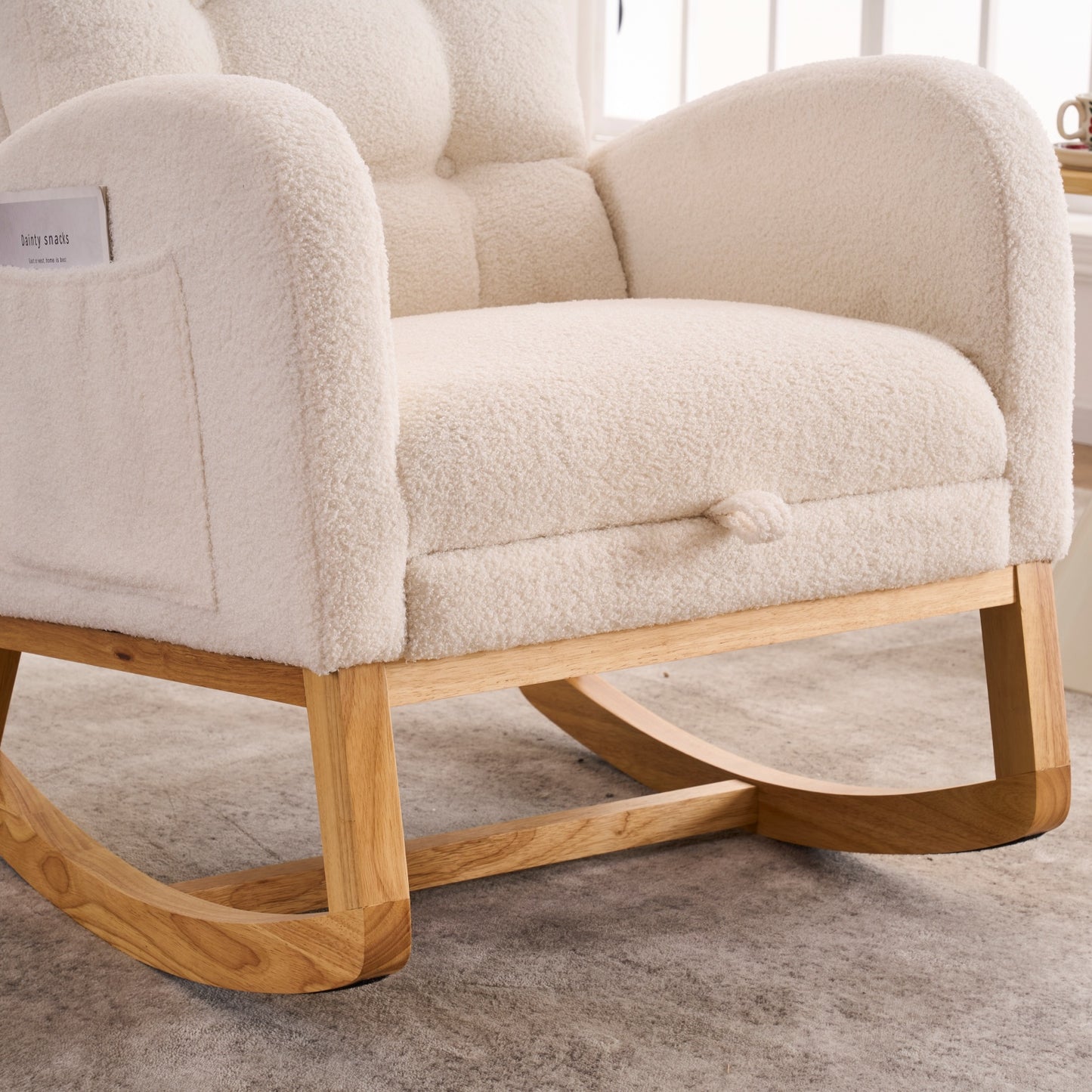 LY-5104 Plush Accent Rocking Chair with Footrest, Cream White High-Back Rocker, Rubber Wood Lounge Chair for Nursery & Living Room, 38.36"W x 26.77"D x 39.76"H