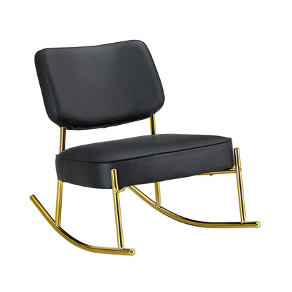 PU material cushioned rocking chair,unique rocking chair, cushioned seat, black backrest rocking chair, and gold metal legs.Comfortable side chairs in the living room, bedroom, and office