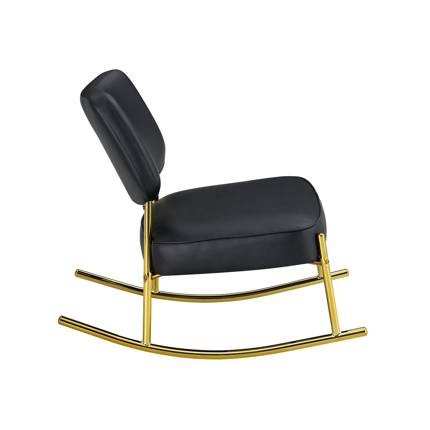 PU material cushioned rocking chair,unique rocking chair, cushioned seat, black backrest rocking chair, and gold metal legs.Comfortable side chairs in the living room, bedroom, and office