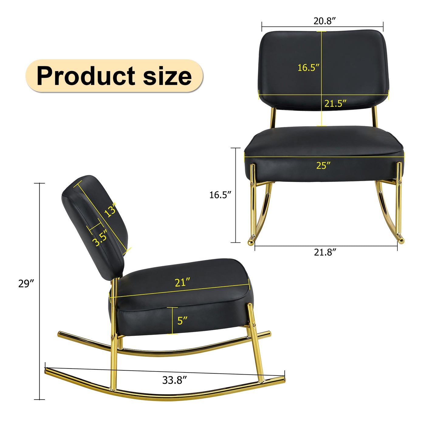 PU material cushioned rocking chair,unique rocking chair, cushioned seat, black backrest rocking chair, and gold metal legs.Comfortable side chairs in the living room, bedroom, and office