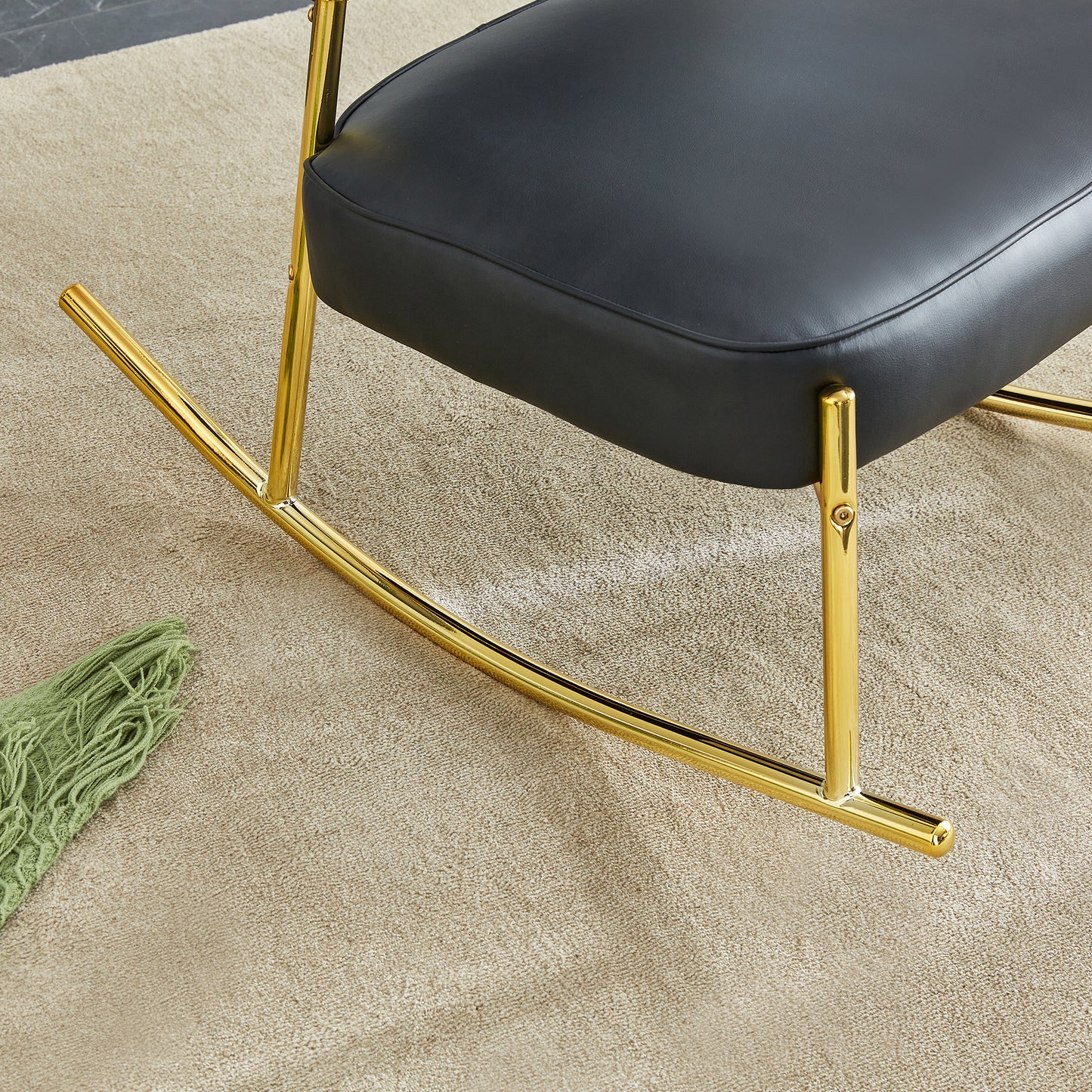 PU material cushioned rocking chair,unique rocking chair, cushioned seat, black backrest rocking chair, and gold metal legs.Comfortable side chairs in the living room, bedroom, and office