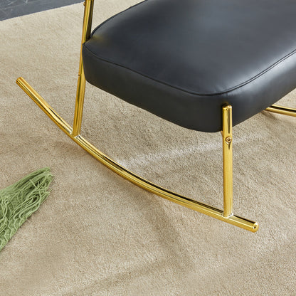PU material cushioned rocking chair,unique rocking chair, cushioned seat, black backrest rocking chair, and gold metal legs.Comfortable side chairs in the living room, bedroom, and office