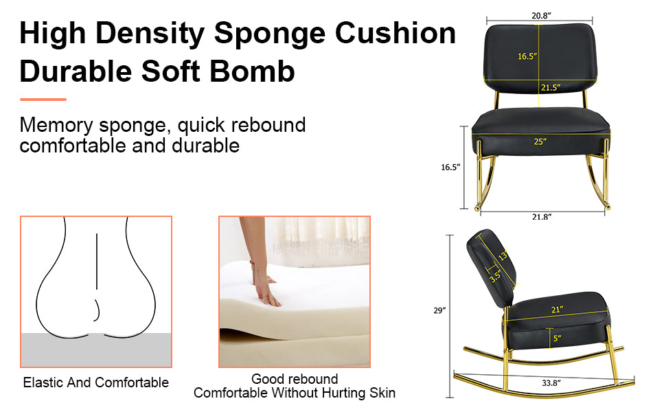 PU material cushioned rocking chair,unique rocking chair, cushioned seat, black backrest rocking chair, and gold metal legs.Comfortable side chairs in the living room, bedroom, and office