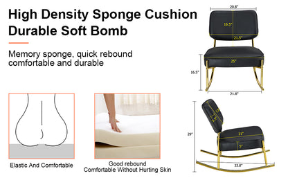 PU material cushioned rocking chair,unique rocking chair, cushioned seat, black backrest rocking chair, and gold metal legs.Comfortable side chairs in the living room, bedroom, and office