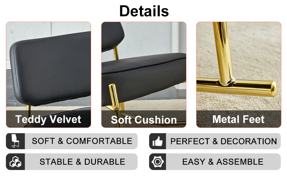 PU material cushioned rocking chair,unique rocking chair, cushioned seat, black backrest rocking chair, and gold metal legs.Comfortable side chairs in the living room, bedroom, and office