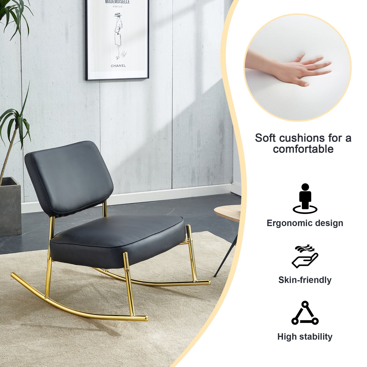 PU material cushioned rocking chair,unique rocking chair, cushioned seat, black backrest rocking chair, and gold metal legs.Comfortable side chairs in the living room, bedroom, and office