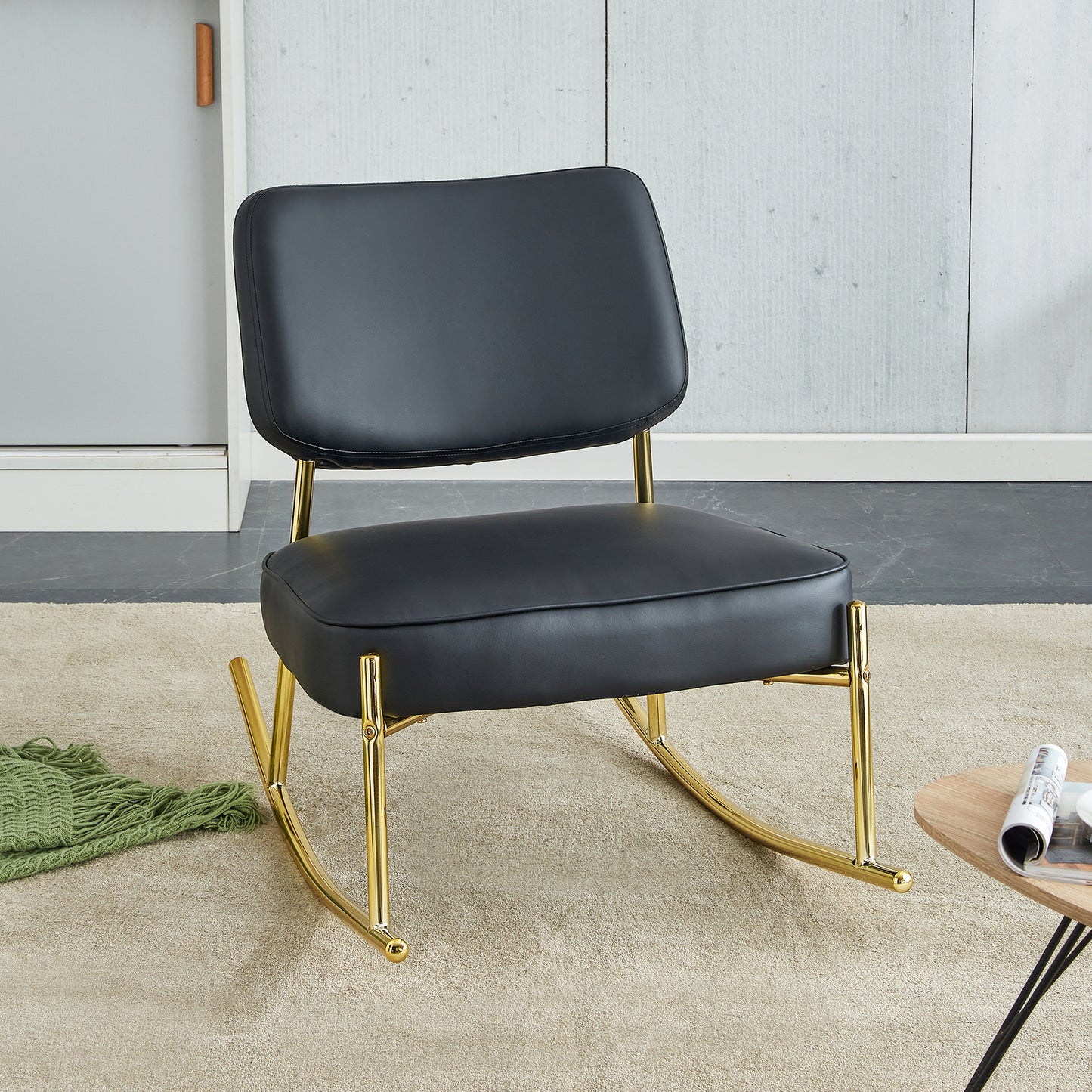 PU material cushioned rocking chair,unique rocking chair, cushioned seat, black backrest rocking chair, and gold metal legs.Comfortable side chairs in the living room, bedroom, and office