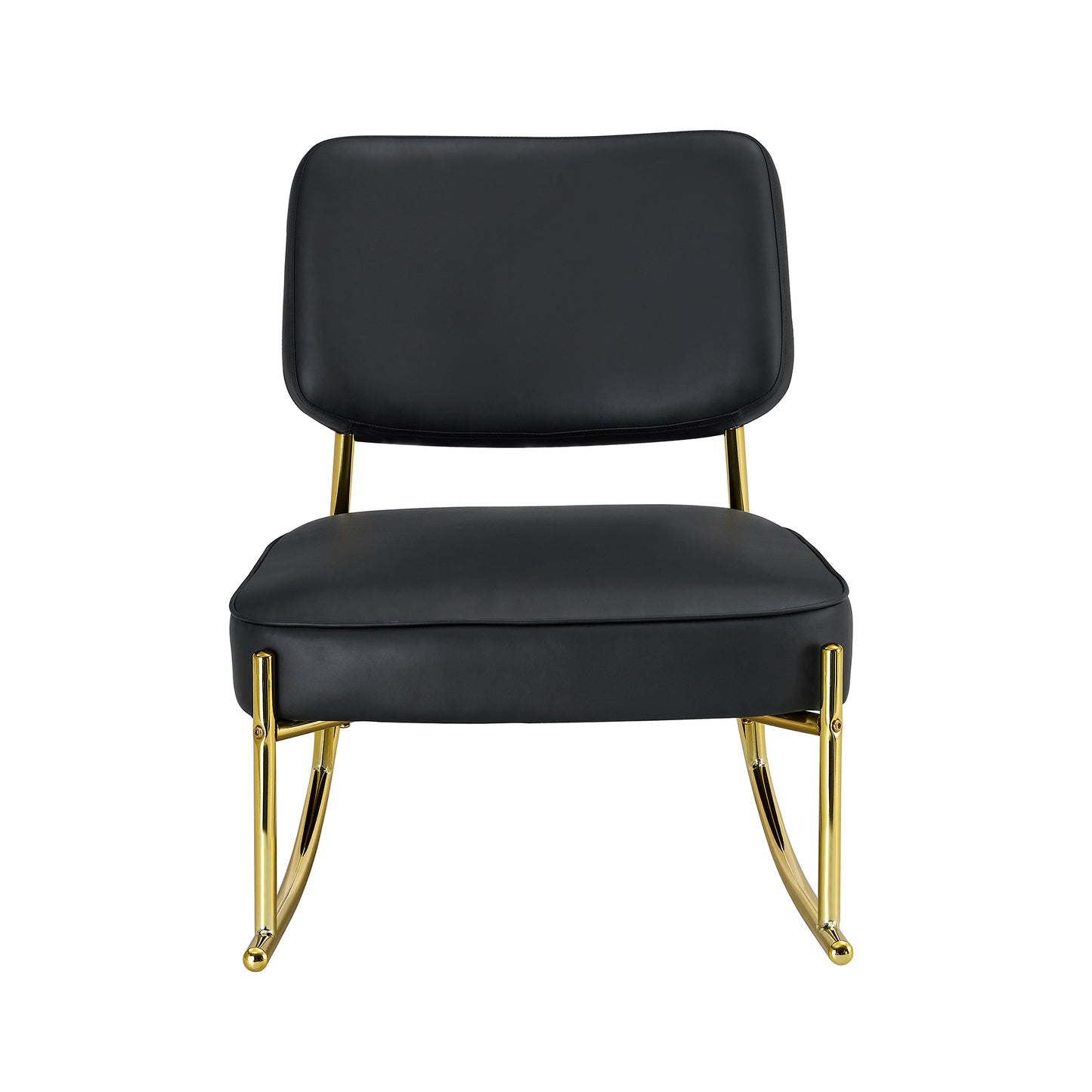 PU material cushioned rocking chair,unique rocking chair, cushioned seat, black backrest rocking chair, and gold metal legs.Comfortable side chairs in the living room, bedroom, and office