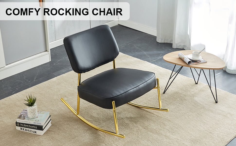 PU material cushioned rocking chair,unique rocking chair, cushioned seat, black backrest rocking chair, and gold metal legs.Comfortable side chairs in the living room, bedroom, and office
