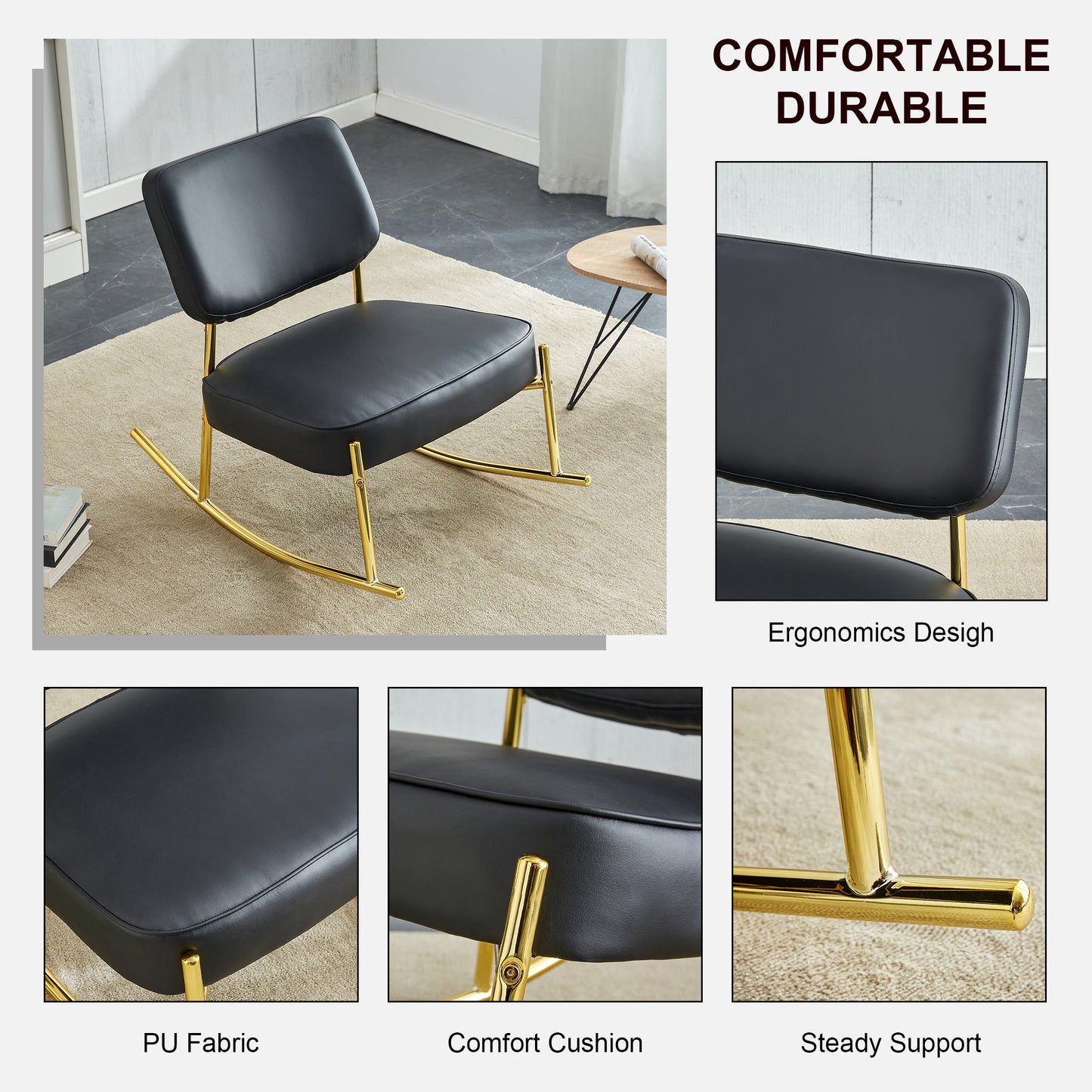 PU material cushioned rocking chair,unique rocking chair, cushioned seat, black backrest rocking chair, and gold metal legs.Comfortable side chairs in the living room, bedroom, and office