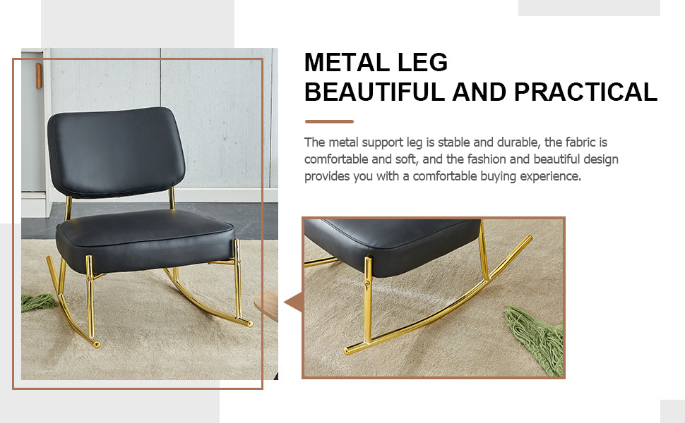 PU material cushioned rocking chair,unique rocking chair, cushioned seat, black backrest rocking chair, and gold metal legs.Comfortable side chairs in the living room, bedroom, and office