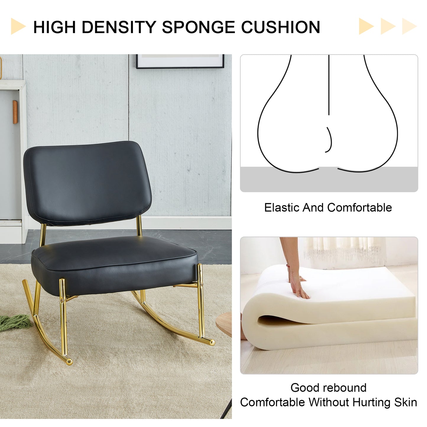 PU material cushioned rocking chair,unique rocking chair, cushioned seat, black backrest rocking chair, and gold metal legs.Comfortable side chairs in the living room, bedroom, and office